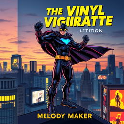 A superhero character known as 'The Vinyl Vigilante' standing heroically atop a city rooftop at dusk