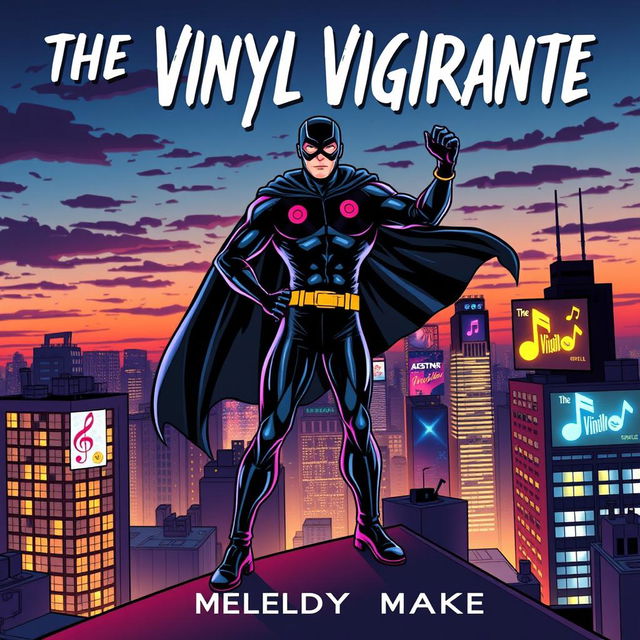 A superhero character known as 'The Vinyl Vigilante' standing heroically atop a city rooftop at dusk