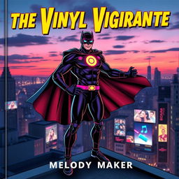 A superhero character known as 'The Vinyl Vigilante' standing heroically atop a city rooftop at dusk