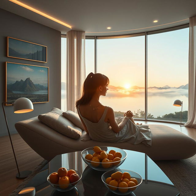 A modern, expansive living room with a panoramic window that showcases a serene lake with surrounding mountains and clouds