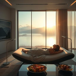 A modern, expansive living room with a panoramic window that showcases a serene lake with surrounding mountains and clouds