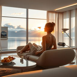 A modern, expansive living room with a panoramic window that showcases a serene lake with surrounding mountains and clouds