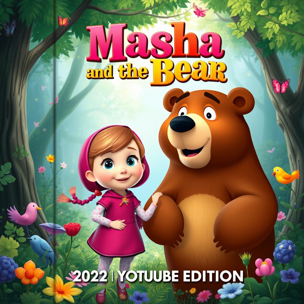 A vibrant and delightful book cover inspired by the 2022 TV series 'Masha and the Bear' as seen on YouTube