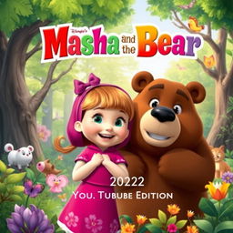 A vibrant and delightful book cover inspired by the 2022 TV series 'Masha and the Bear' as seen on YouTube