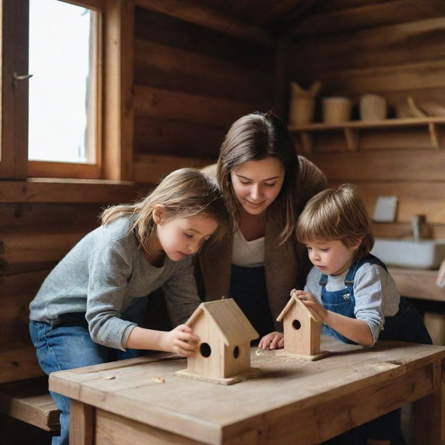 A scene inside a cozy wooden house where a brown-haired mother and her son are not only building a small birdhouse for a fallen bird but also tenderly taking care of it.