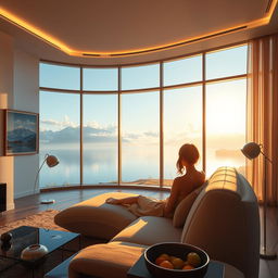 A modern, expansive living room with a panoramic window that reveals a breathtaking view of a lake with majestic mountains and clouds