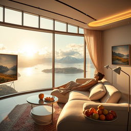 A modern, expansive living room with a panoramic window that reveals a breathtaking view of a lake with majestic mountains and clouds