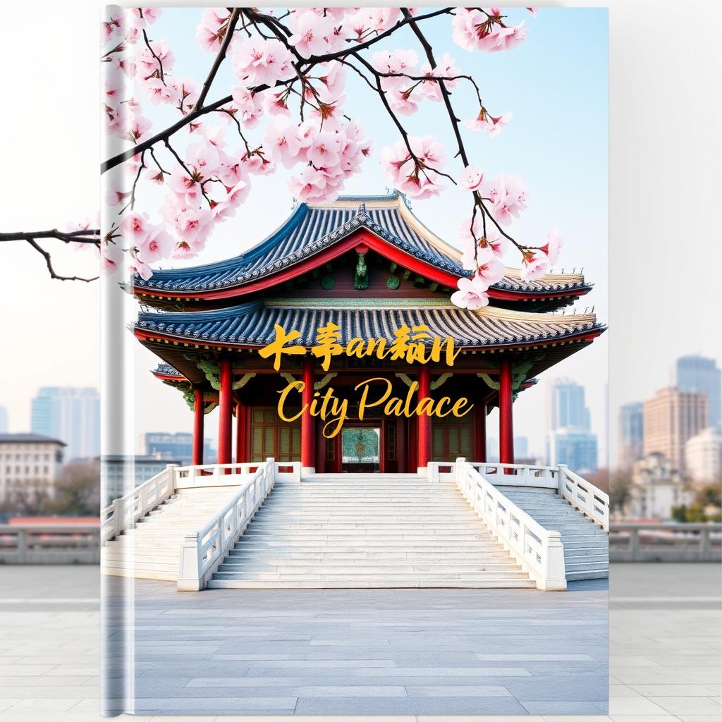 A captivating book cover featuring a Korean city palace set against a tranquil urban backdrop