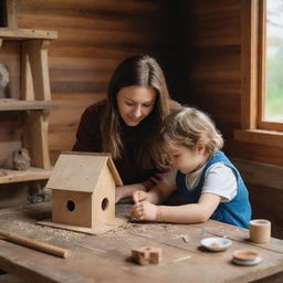 A scene inside a cozy wooden house where a brown-haired mother and her son are not only building a small birdhouse for a fallen bird but also tenderly taking care of it.