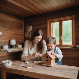 A scene inside a cozy wooden house where a brown-haired mother and her son are not only building a small birdhouse for a fallen bird but also tenderly taking care of it.