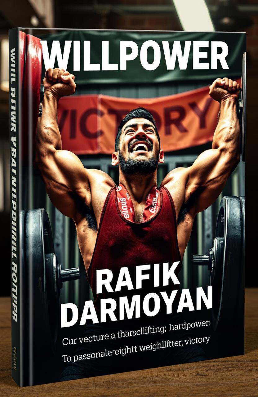 book cover featuring a dynamic depiction of Rafik Darmoyan, a passionate weightlifter, lifting heavy weights in a gym setting