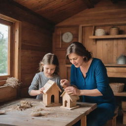 A scene inside a cozy wooden house where a brown-haired mother and her son are not only building a small birdhouse for a fallen bird but also tenderly taking care of it.