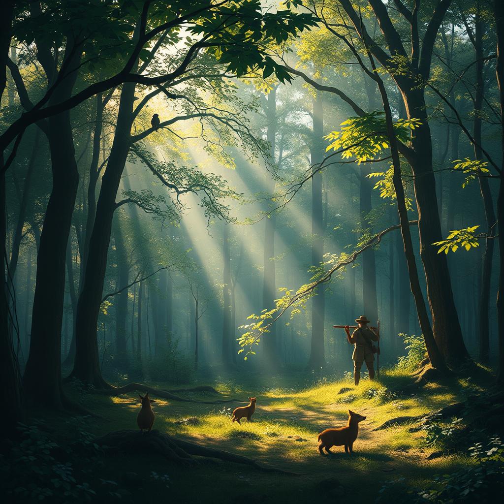 A serene forest setting where a hunter has set up his trap