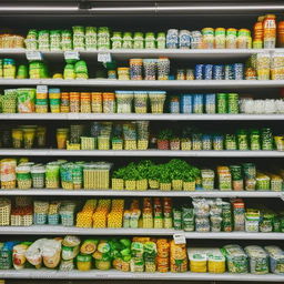 A well-stocked grocery unit filled with fresh produce, canned goods and consumable items, arranged neatly on shelves