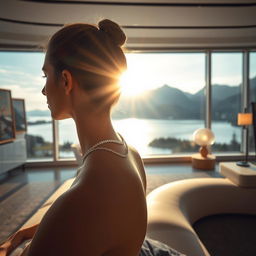 Standing very close behind a young woman who is lying on a futuristic sofa in a spacious room with a large panoramic window