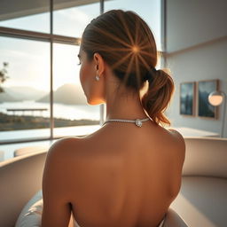 Standing very close behind a young woman who is lying on a futuristic sofa in a spacious room with a large panoramic window