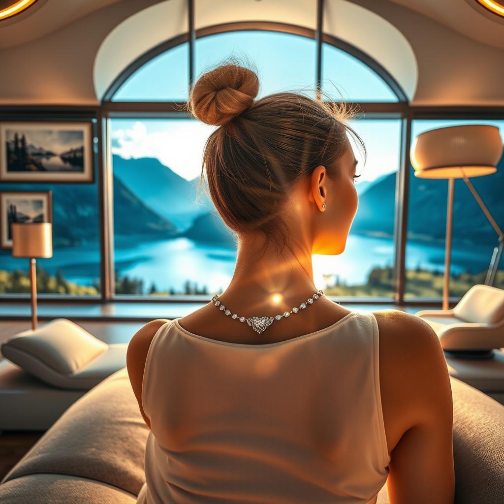 Standing very close behind a young woman lying on a futuristic sofa in a spacious room with a large panoramic window