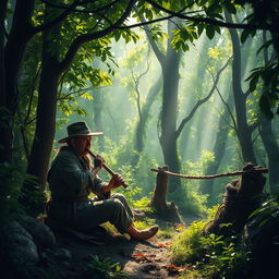 A hunter, dressed in rustic attire, with a traditional bamboo flute, sits a distance away from a cleverly positioned trap in a dense and mysterious forest