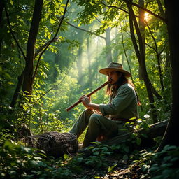 A hunter, dressed in rustic attire, with a traditional bamboo flute, sits a distance away from a cleverly positioned trap in a dense and mysterious forest