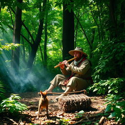 A hunter, dressed in rustic attire, with a traditional bamboo flute, sits a distance away from a cleverly positioned trap in a dense and mysterious forest