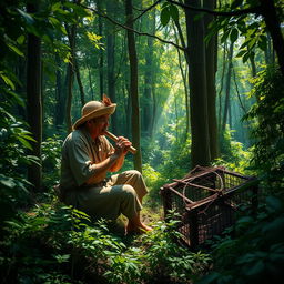 A hunter, dressed in rustic attire, with a traditional bamboo flute, sits a distance away from a cleverly positioned trap in a dense and mysterious forest