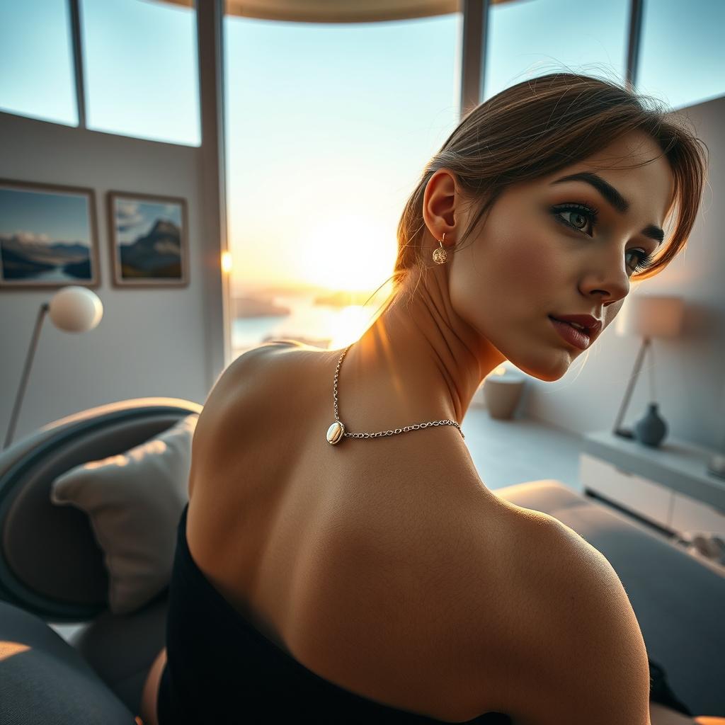 Standing very close behind a young woman in a living room, viewing her neck adorned with a beautiful necklace reflecting the sunlight as it filters through