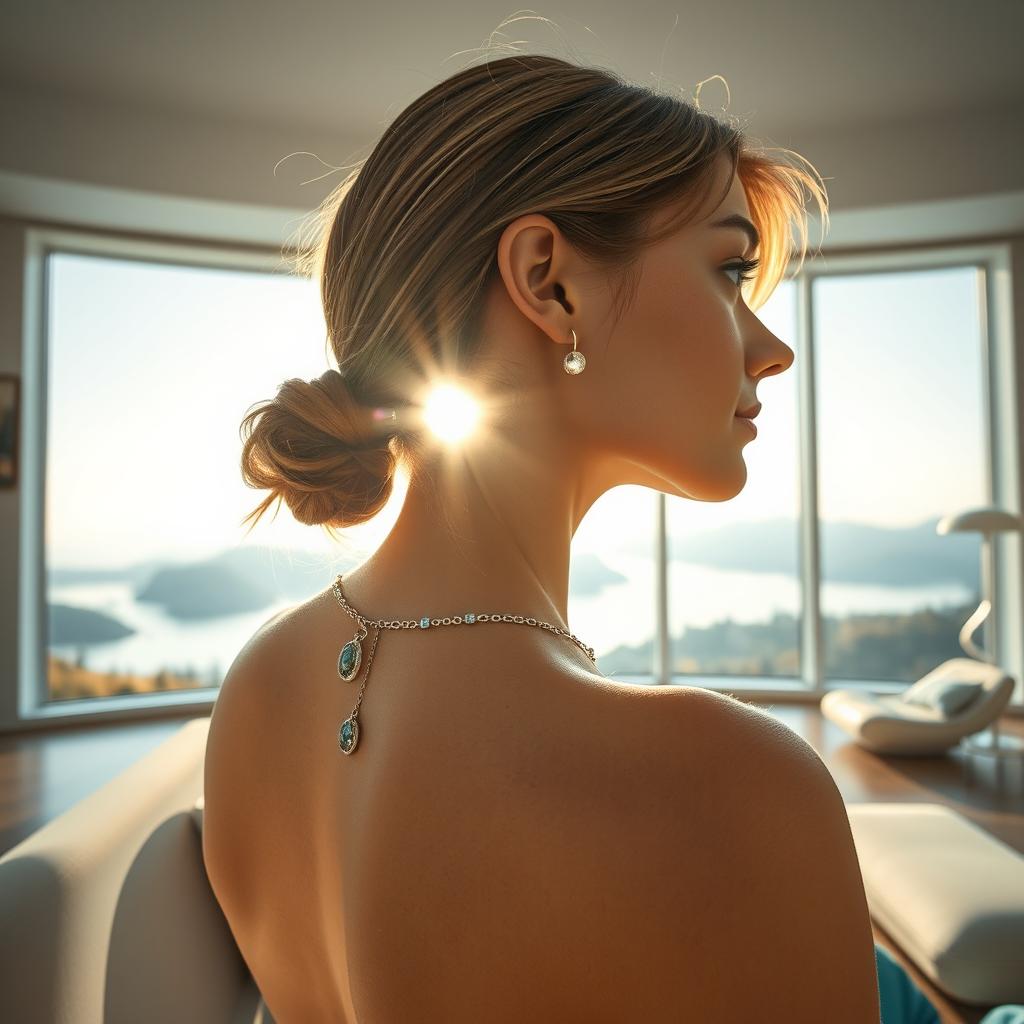 Standing very close behind a young woman in a living room, viewing her neck adorned with a beautiful necklace reflecting the sunlight as it filters through