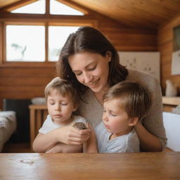 Inside a cozy wooden house, a compassionate brown-haired mother and her son nurturing and taking care of a small bird that they have rescued.