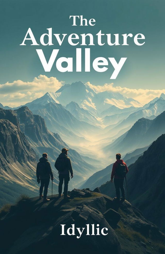 A book cover featuring three travelers at the top of a mountain, overlooking a breathtaking mountainous valley