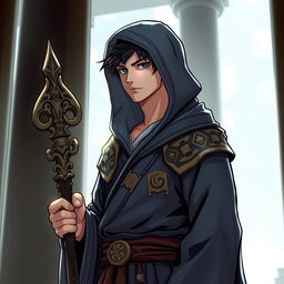 A cool male monk character wearing a hooded robe, standing confidently with a staff