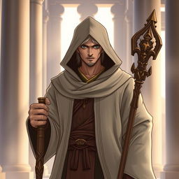 A cool male monk character wearing a hooded robe, standing confidently with a staff