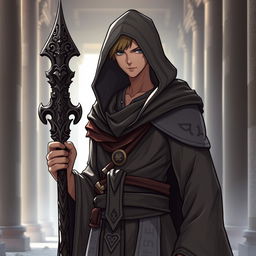 A cool male monk character wearing a hooded robe, standing confidently with a staff