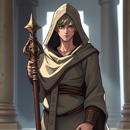 A cool male monk character wearing a hooded robe, standing confidently with a staff