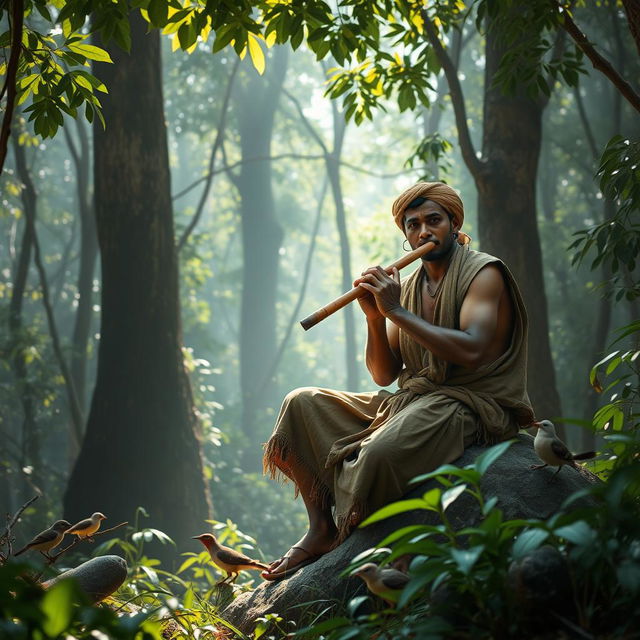 A rural hunter goes into the jungle every day, sets up a trap and then plays a flute a little distance away from the trap