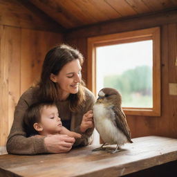 Inside a cozy wooden house, a compassionate brown-haired mother and her son nurturing and taking care of a small bird that they have rescued.