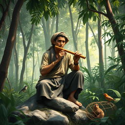 A rural hunter goes into the jungle every day, sets up a trap and then plays a flute a little distance away from the trap