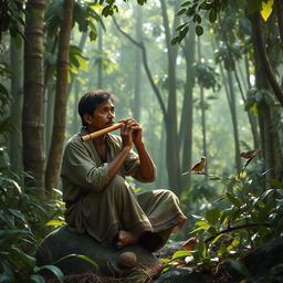 A rural hunter goes into the jungle every day, sets up a trap and then plays a flute a little distance away from the trap