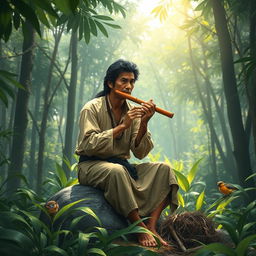 A rural hunter goes into the jungle every day, sets up a trap and then plays a flute a little distance away from the trap