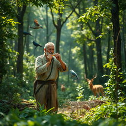 A serene forest setting with a village hunter setting up a trap