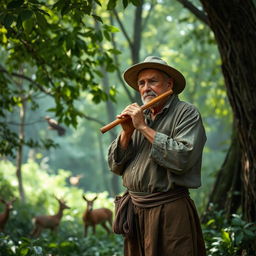 A serene forest setting with a village hunter setting up a trap