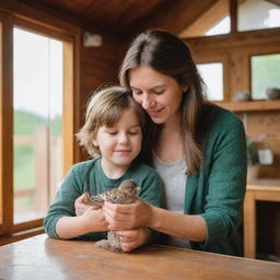 Inside a cozy wooden house, a compassionate brown-haired mother and her son nurturing and taking care of a small bird that they have rescued.