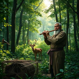 A serene forest setting with a village hunter setting up a trap