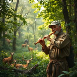 A serene forest setting with a village hunter setting up a trap