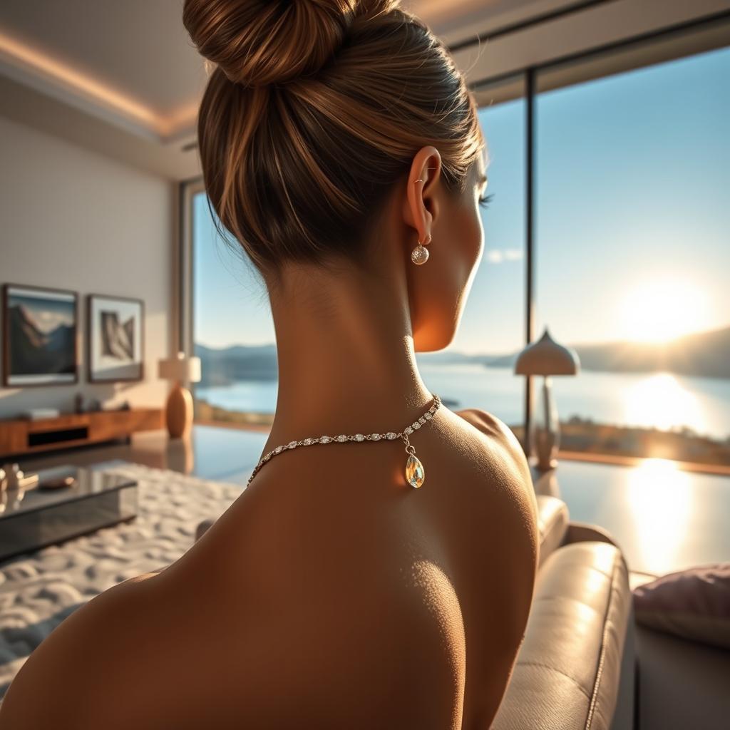 Positioned closely behind a young woman in a spacious living room, focusing on her elegant neck adorned with a beautiful necklace reflecting sunlit rays