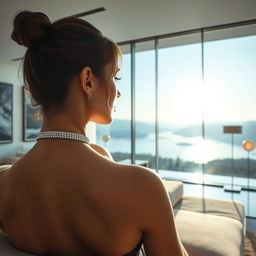 Positioned closely behind a young woman in a spacious living room, focusing on her elegant neck adorned with a beautiful necklace reflecting sunlit rays