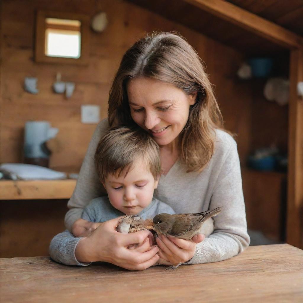 Inside a cozy wooden house, a compassionate brown-haired mother and her son nurturing and taking care of a small bird that they have rescued.