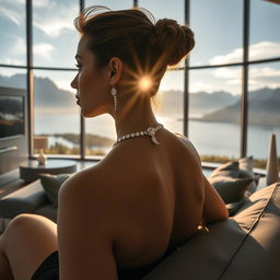 Positioned closely behind a young woman in a spacious living room, focusing on her elegant neck adorned with a beautiful necklace reflecting sunlit rays