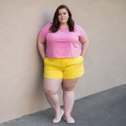 A plus-size girl with white skin, wearing a pink t-shirt and yellow shorts.