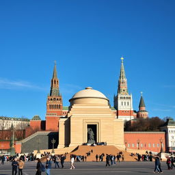 A stunning view of Lenin's Mausoleum in front of the Kremlin in Moscow, showcasing the grandeur and historical significance of the site