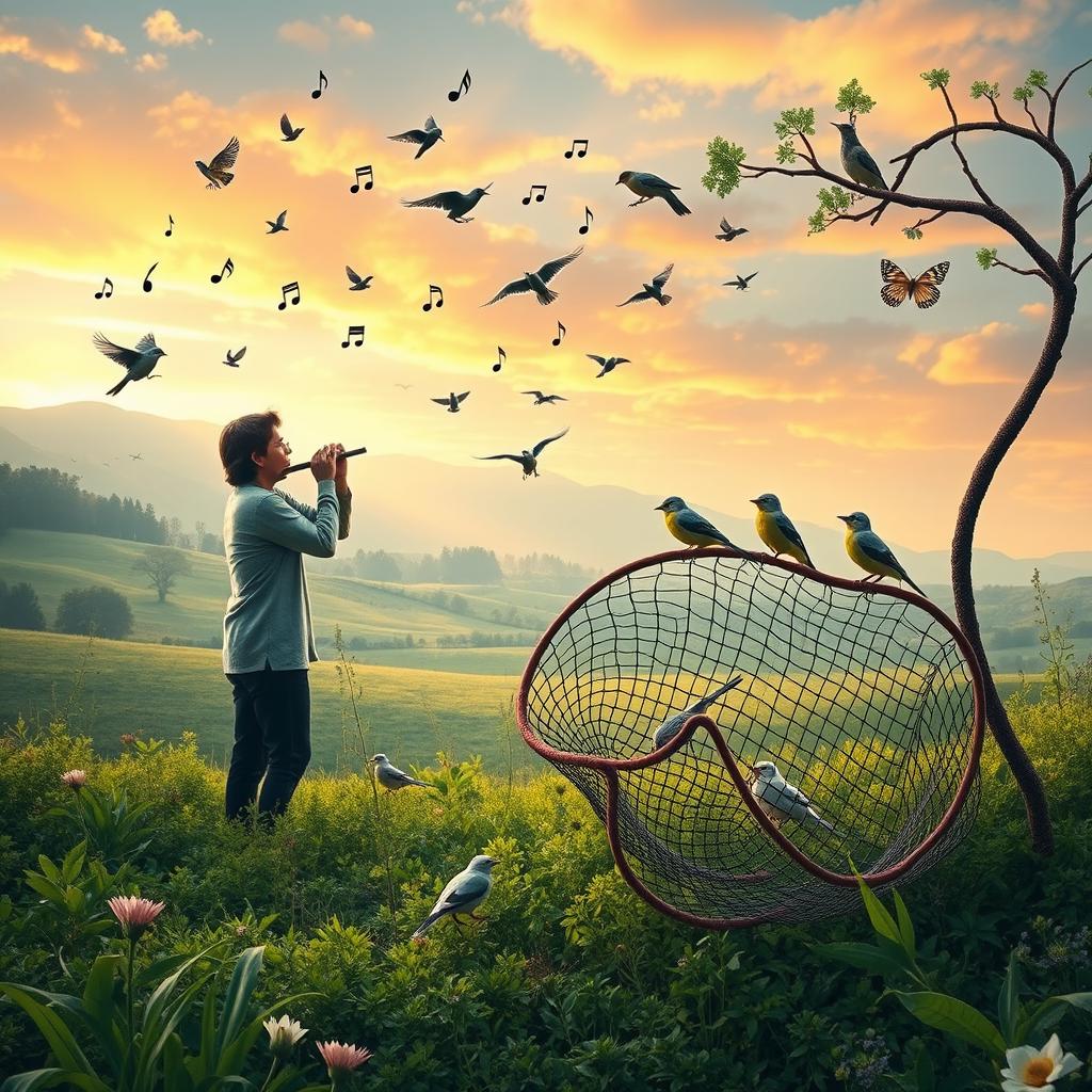 A serene landscape showcasing a person playing a flute with enchanting music notes floating in the air, surrounded by various birds drawn towards the melodious sound